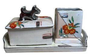 Antique Hand Painted Nippon 3 Pc Dresser Desk Set Scottie Dog Covered Box Tray
